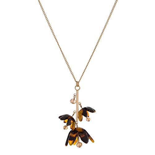 Collar largo de fantasía de metal dorado – Cadena de metal dorado y colgante con tres flores en forma de cascabel de tortuga – 83 cm