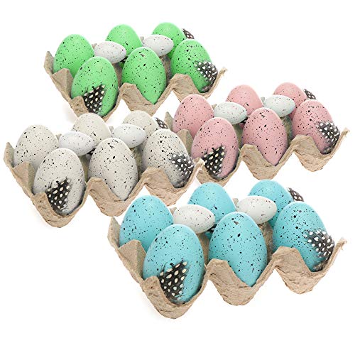 com-four® 24x Huevos de Pascua como decoración de Pascua en cartón de Huevos - Huevos de Pascua Decorativos con Patrones y Plumas de Aspecto Natural - 4 Colore Pastel (Set03 - Blanco/Azul/Rosa/Verde)