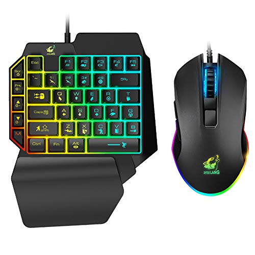 Combinación de teclado y ratón para juegos con una mano, versión de 41 teclas, con cable, con retroiluminación arco iris, soporte para muñeca, ratón para juegos con cable USB Combinación de teclado y ratón para juegos con una mano, versión de 41 teclas, con cable, con retroiluminación arco iris, soporte para muñeca, ratón para juegos con cable USB