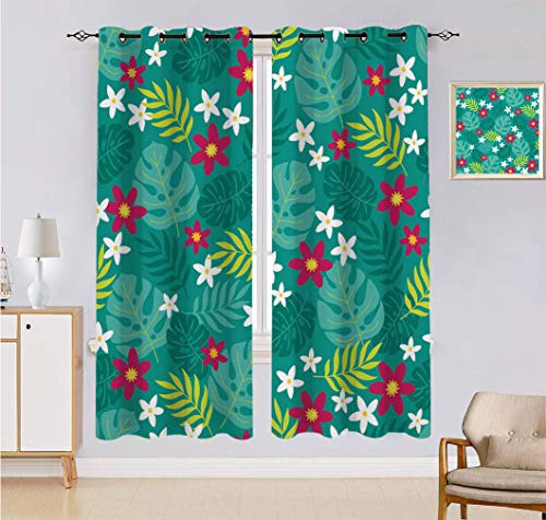 Cortina floral hecha a medida, patrón de verano con hojas de palma de Plumeria y flores tropicales, juego de 2 paneles, cada panel de 152 cm de ancho x 227 cm de largo