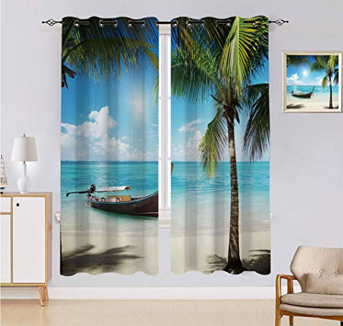 Cortina hecha a medida con diseño de palmas de coco verde, pequeño barco de pesca en el océano Atlántico con fotos dominicanas, 2 paneles, cada panel de 152 cm de ancho x 222 cm de largo