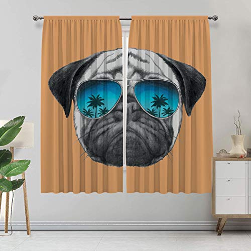 Cortina hecha a medida con diseño de perro con palmeras reflectantes de aviadores, ambiente tropical, juego de 2 paneles, cada panel de 152 cm de ancho x 222 cm de largo, color negro, naranja y azul Cortina hecha a medida con diseño de perro con palmeras reflectantes de aviadores, ambiente tropical, juego de 2 paneles, cada panel de 152 cm de ancho x 222 cm de largo, color negro, naranja y azul
