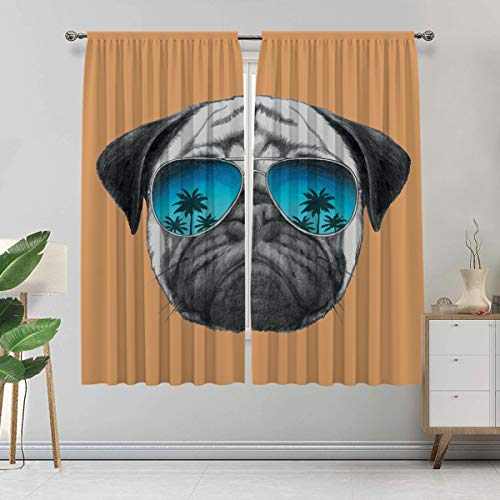 Cortina hecha a medida con diseño de perro con palmeras reflectantes de aviadores, ambiente tropical, juego de 2 paneles, cada panel de 152 cm de ancho x 222 cm de largo, color negro, naranja y azul