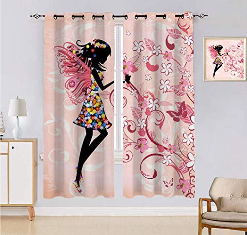 Cortina hecha a medida para niñas, diseño de mariposas y flores, color rosa, con flores y alas de ángel, con 2 paneles, cada panel de 152 cm de ancho x 222 cm de largo, color negro, rosa y blanco
