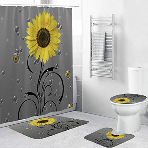 Cuarto de baño Set de baño Cubierta de la Alfombra Cortina de Ducha Conjunto, 1x con la Cortina de Ducha y baño 2 X Antideslizante de la Alfombra y 1x WC Cubierta de la Tapa, Absor style1-XL