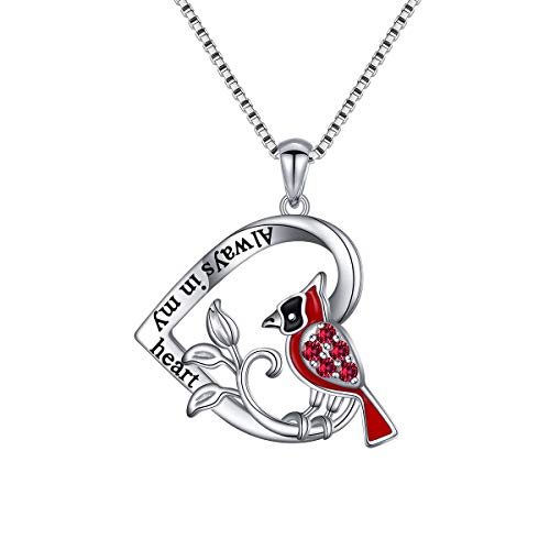 DAOCHONG Collar de plata de ley 925 con colgante de corazón de pájaro rojo para mujer con texto en inglés "Always in My Heart"
