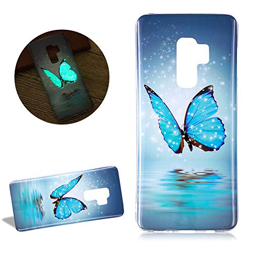 DasKAn Luminoso funda de silicona para Samsung Galaxy S9 Plus,Fluorescent Resplandor en la oscuridad Diseño colorido Cubierta trasera de goma suave TPU de gel flexible a prueba de golpes,Mariposa azul