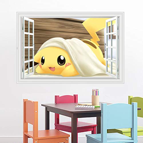 Diseño de Pikachu 3D falso ventana autoadhesivo mural estéreo adhesivo decorativo pared infantil 60 x 90 cm