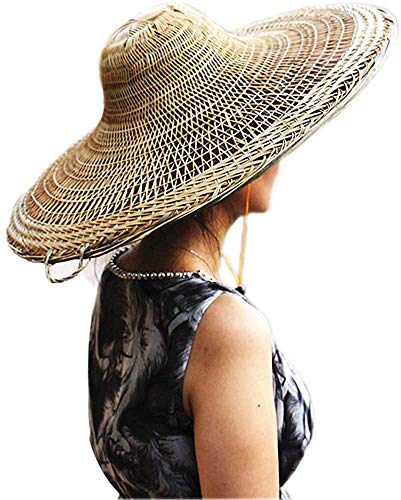 Divertido sombrero asiático para fiestas de sol, chino tradicional tejido a mano, de paja de bambú, agricultor de arroz con forro de palma, tribe, unisex, exótico chino, 43 cm de diámetro.