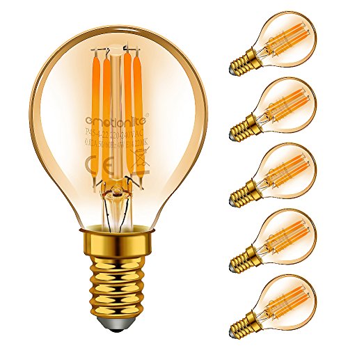 Emotionlite E14 LED Bombillas, bombillas de filamentos LED, 4W (equivalente 40W), resplandor ámbar, 2200K, base E14, pelotas de golf P45 / G45, paquete de 6 Emotionlite E14 LED Bombillas, bombillas de filamentos LED, 4W (equivalente 40W), resplandor ámbar, 2200K, base E14, pelotas de golf P45 / G45, paquete de 6
