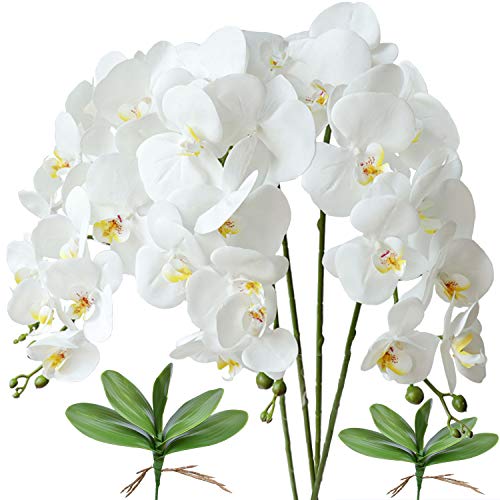 FagusHome 4 Piezas Flores Artificiales Orquídea Phalaenopsis Mariposa 80cm con 2 Piezas Hojas de Orquídea Phalaenopsis Hojas (Blanco)