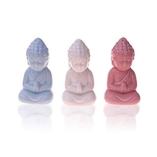Flanacom Juego de 3 minifiguras de Buda de cerámica – Figura decorativa para interior, balcón y jardín – Escultura de Buda como accesorio para el hogar Feng Shui