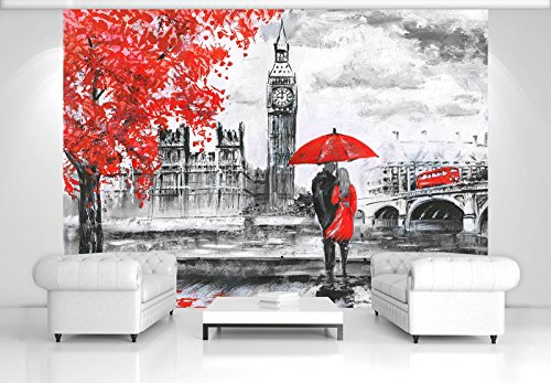 FORWALL – Papel pintado fotográfico London Photo Wallpaper Mural amf11471 _ P Ciudad Gemälde Big Ben de Londres de algodón amor, Rot,schwarz,weiss, P8 (368cm. x 254cm.)