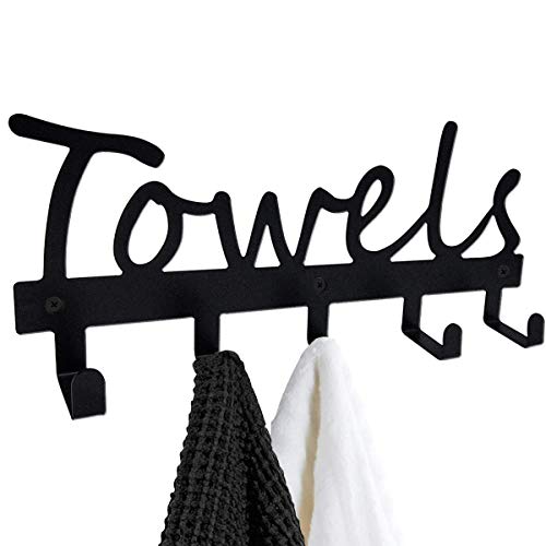 FUBAO Toallero de hierro negro para baño, cocina, piscina, toallero con "toallas", decoración artística de palabra, organizador de baño para toallas, batas y ropa (B – 5 ganchos)