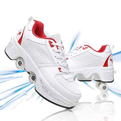 GGXINT Zapatos con Ruedas De Deformación Femenino Zapatos para Caminar Automáticos Multiusos Deportes De Exterior Zapatillas De Deporte,White Red,34