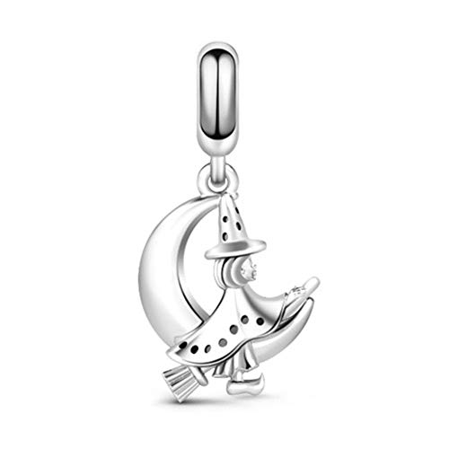 GNOCE - Abalorio de plata de ley con diseño de escoba mágica y bruja mágica