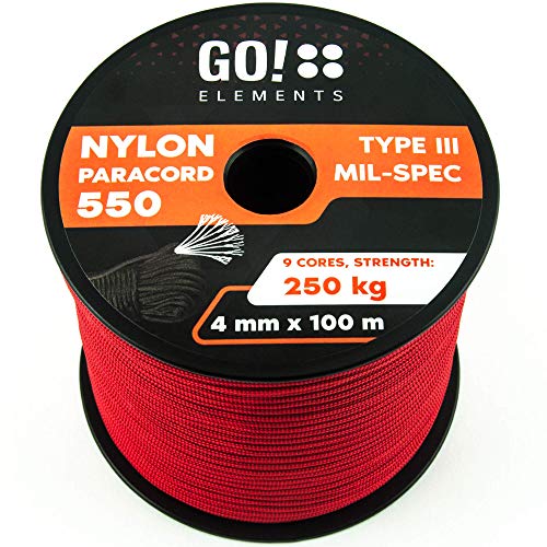 GO!elements 100m Paracord de Nylon a Prueba de desgarros - 4mm Paracord 550 Typo III Cuerda - Adecuado como Cuerda Yute & Cuerda Gruesa | MAX. 250kg, Color:Rojo