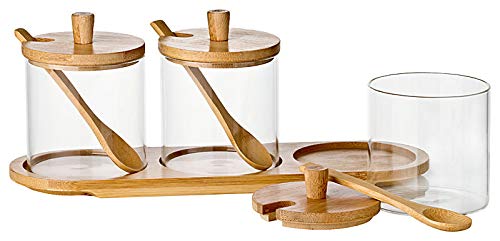 gouveo Juego de 3 tarros de cristal de borosilicato en bandeja, decoración de mesa, soporte para especias, tarros de mermelada con tapa de bambú y cuchara