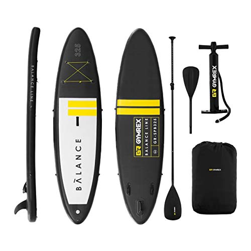 Gymrex Tabla Hinchable para Stand Up Paddle Sup GR-SPB325 (Drop Stitch - PVC, Alfombrilla EVA, hasta 145 kg, Negro/Amarillo)