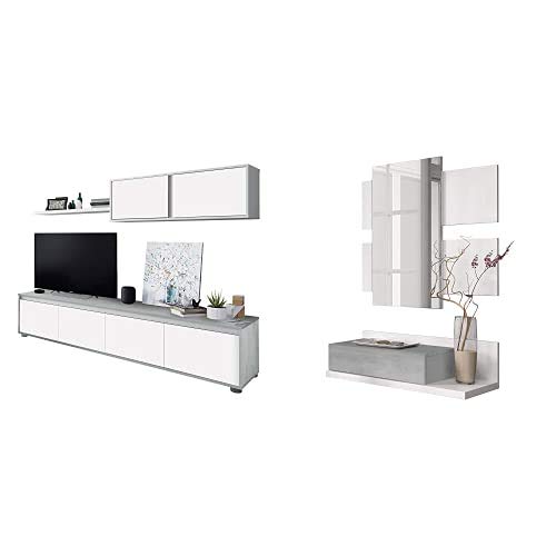 Habitdesign 016663L Mueble de salón Moderno, modulos Comedor Alida, Medidas: 43 cm de Altura x 200 cm de Ancho x 41 cm de Fondo (Blanco Artik y Gris Cemento) + 0L6742A Recibidor con cajón y Espejo