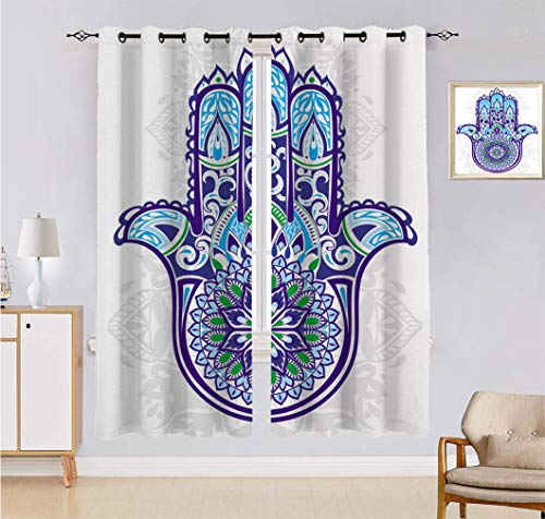 Hamsa Decor - Cortina hecha a medida, gran mano con flores ornamentales exóticas y pétalos, 2 paneles, cada panel de 152 cm de ancho x 222 cm de largo, azul turquesa y blanco