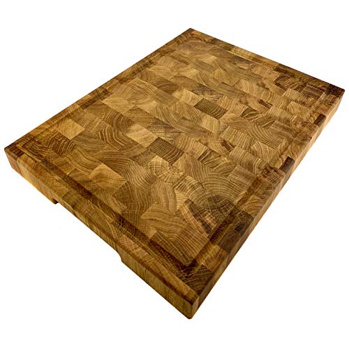 HOLZ-GOLD Tabla de cortar de madera de roble maciza con surco para zumo y mango hueco (40 x 30 x 4 cm)