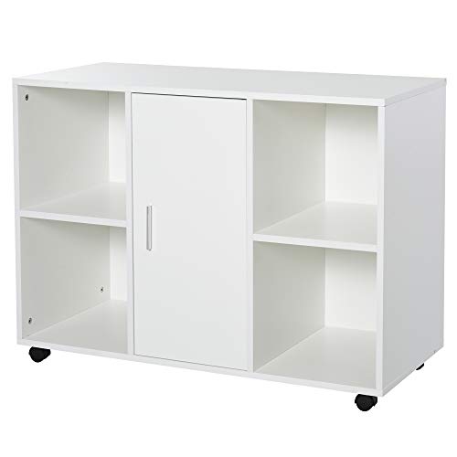 HOMCOM Armario de Oficina para Impresora Soporte de Máquinas con 4 Compartimentos Armario de Puerta Ruedas 2 Frenos 100x40x71 cm Blanco