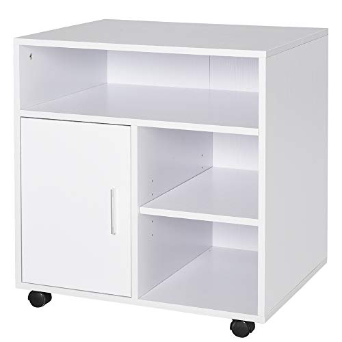 HOMCOM Soporte para Impresora Multifuncional Armario de Oficina Móvil con Estante Puerta Ruedas Espacio Amplio de Almacenaje 60x50x65,5 cm Blanco