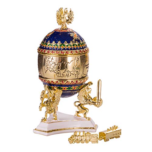 huevo ruso de Estilo Faberge / caja de joya Transsiberian Express / Ferrocarril con águila imperial 12,5 cm azul