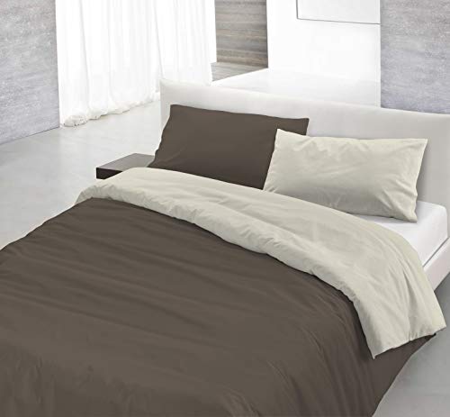 Italian Bed Linen Natural Doble Color y Funda de Almohada, Marron/Crema, sìngolo