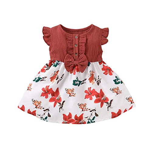 Janly Clearance Sale Vestido para niñas de 0 a 10 años de edad, ropa de vestido con estampado floral, para niños pequeños de 18 a 24 meses (rojo)
