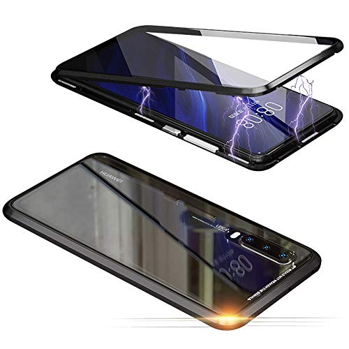 Jonwelsy Funda para Huawei P30, Adsorción Magnética Parachoques de Metal con 360 Grados Protección Case Cover Transparente Ambos Lados Vidrio Templado Cubierta para Huawei P30