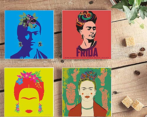 Juego de 4 posavasos con diseño de Frida Kahlo y Dali, de cerámica con base de corcho absorbente para vidrio, tazas, tazas | posavasos de cerámica totalmente natural | Diseñados Pop Art – 10 x 10 cm