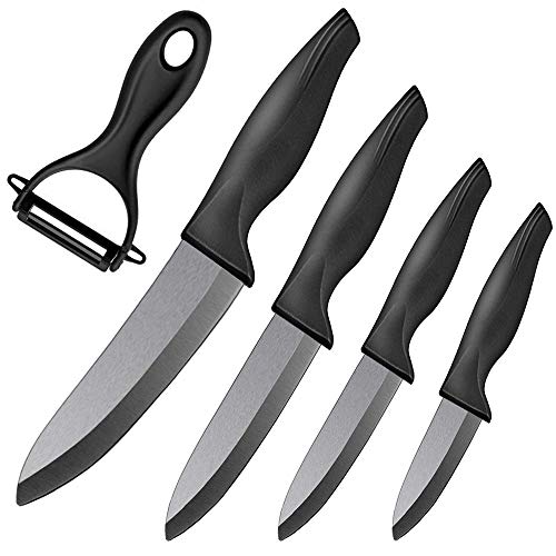 Juego de cuchillos de cerámica, 4 cuchillos de cerámica con vaina y un pelador, a prueba de óxido, antibacteriano, hoja de cerámica de alta dureza para cortar carne, verduras, frutas y pescado Juego de cuchillos de cerámica, 4 cuchillos de cerámica con vaina y un pelador, a prueba de óxido, antibacteriano, hoja de cerámica de alta dureza para cortar carne, verduras, frutas y pescado