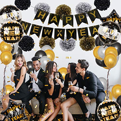 Juego de globos de Año Nuevo 2021, banderines de Año Nuevo, color negro, oro, plata, globos de látex, globos de papel pompones colgantes para decoración de fiesta de Año Nuevo