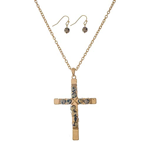 Juego largo de fantasía y pendientes colgantes a juego – Metal dorado y piedra natural – Colgante de cruz con piedras naturales marrón mantenidas por metal dorado – 83 cm Juego largo de fantasía y pendientes colgantes a juego – Metal dorado y piedra natural – Colgante de cruz con piedras naturales marrón mantenidas por metal dorado – 83 cm