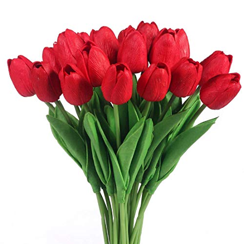 JUSTOYOU Tulip Real, Flores Artificiales para Ramos de Boda, hogar, Hotel, decoración de jardín, Eventos, Navidad, como Regalo, Rojo, 20 Piezas.