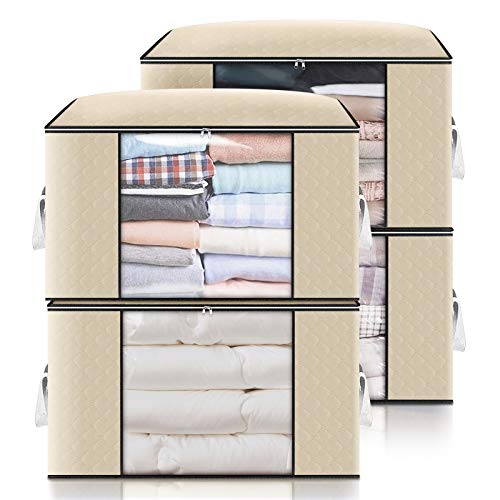 king do way 4PCS Bolsa de Almacenamiento de Ropa de Gran Capacidad, Gruesa Plegable Organizador de Edredones Manta Ropa de Polvo con la Cremallera Robusta y Asa Reforzada 60 x 43 x 35 cm Beige