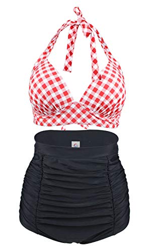LA ORCHID Rockabilly - Conjunto de bikini, Top de cuello halter con copas moldeadas y sin aros, Pantalones cortos de cintura alta con control de barriga para mujer [42] Rojo Y Blanco.