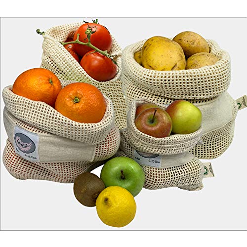 Larovita Bolsa para pan, fruta o verdura, 100 % algodón orgánico, certificado GOTS con indicación de peso, 4 unidades