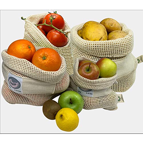 Larovita Bolsa para pan, fruta o verdura, 100 % algodón orgánico, certificado GOTS con indicación de peso, 4 unidades Larovita Bolsa para pan, fruta o verdura, 100 % algodón orgánico, certificado GOTS con indicación de peso, 4 unidades