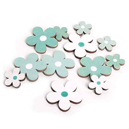 Logbuch-Verlag 12 pequeñas flores de madera, color turquesa, azul y blanco, 3-5 cm, para decoración dispersa, para manualidades y decoración