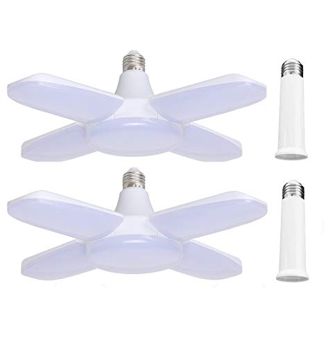 Lote de 2 lámparas de garaje LED, blanco frío, 60 W, E27, 6500 K, 6000 lm, lámpara de taller deformable, con 4 paneles ajustables, plafón LED, para garajes, sótano, taller, almacén Lote de 2 lámparas de garaje LED, blanco frío, 60 W, E27, 6500 K, 6000 lm, lámpara de taller deformable, con 4 paneles ajustables, plafón LED, para garajes, sótano, taller, almacén