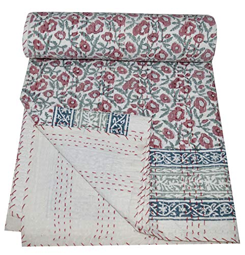 Majisacraft Colcha de algodón con estampado floral indio Kantha, manta de cama de 152 x 222 cm aprox.