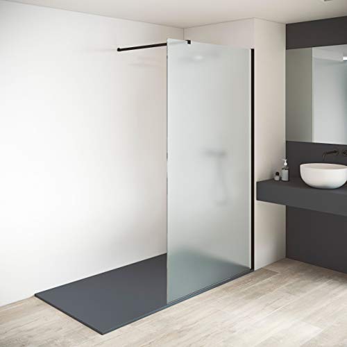 Mampara de ducha fija - Panel fijo - Grosor Vidrio MATE Templado 8mm - Altura 200 cm - Perfil Aluminio Negro (Medida 80 CMS)