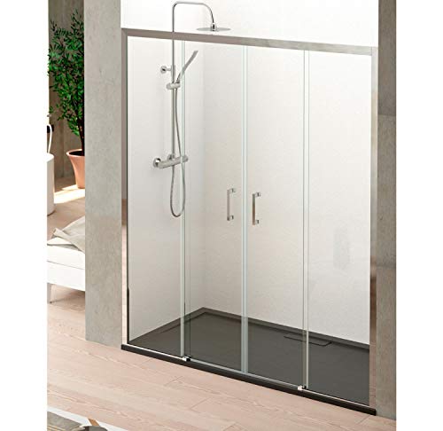 Mampara de Ducha Frontal Sevilla Doble Puerta Cooredera 2 Fijos + 2 Puertas con Apertura Central - Antical - 200cm de Altura (180 cm, Transparente)