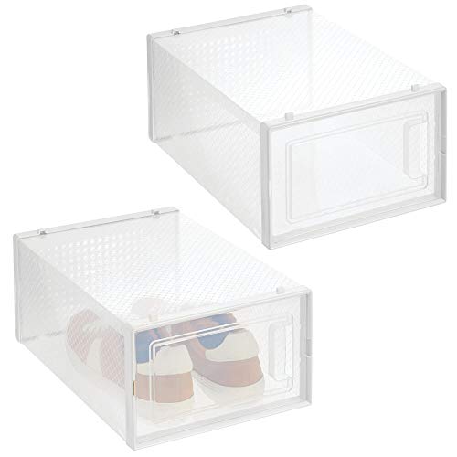 mDesign Juego de 2 Cajas Transparentes para Zapatos – Cajas de plástico apilables con Tapa para Deportivas, Tacones y Botines – Cajas organizadoras para Ahorrar Espacio – Transparente y Blanco