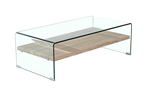 Mesa de café de cristal templado, con estante de madera de roble, diseño moderno - Ice