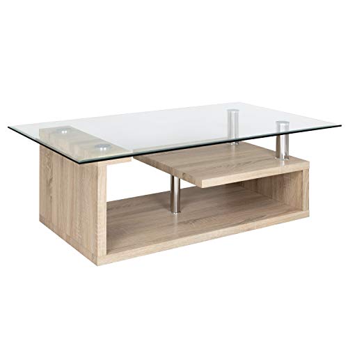 Mesa de Centro Fija Moderna de Cristal, Mesa Auxiliar acabada en Color Cambria, Medidas: 110 cm (largo) x 65 cm (ancho) x 39,5 cm (Alto)