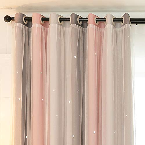 Michorinee 1 cortina para habitación infantil con estrellas huecas, princesa, oscurecimiento degradado, cinta fruncida, voile gris y rosa, para habitación de niñas, 137 x 132 cm (alto x ancho)